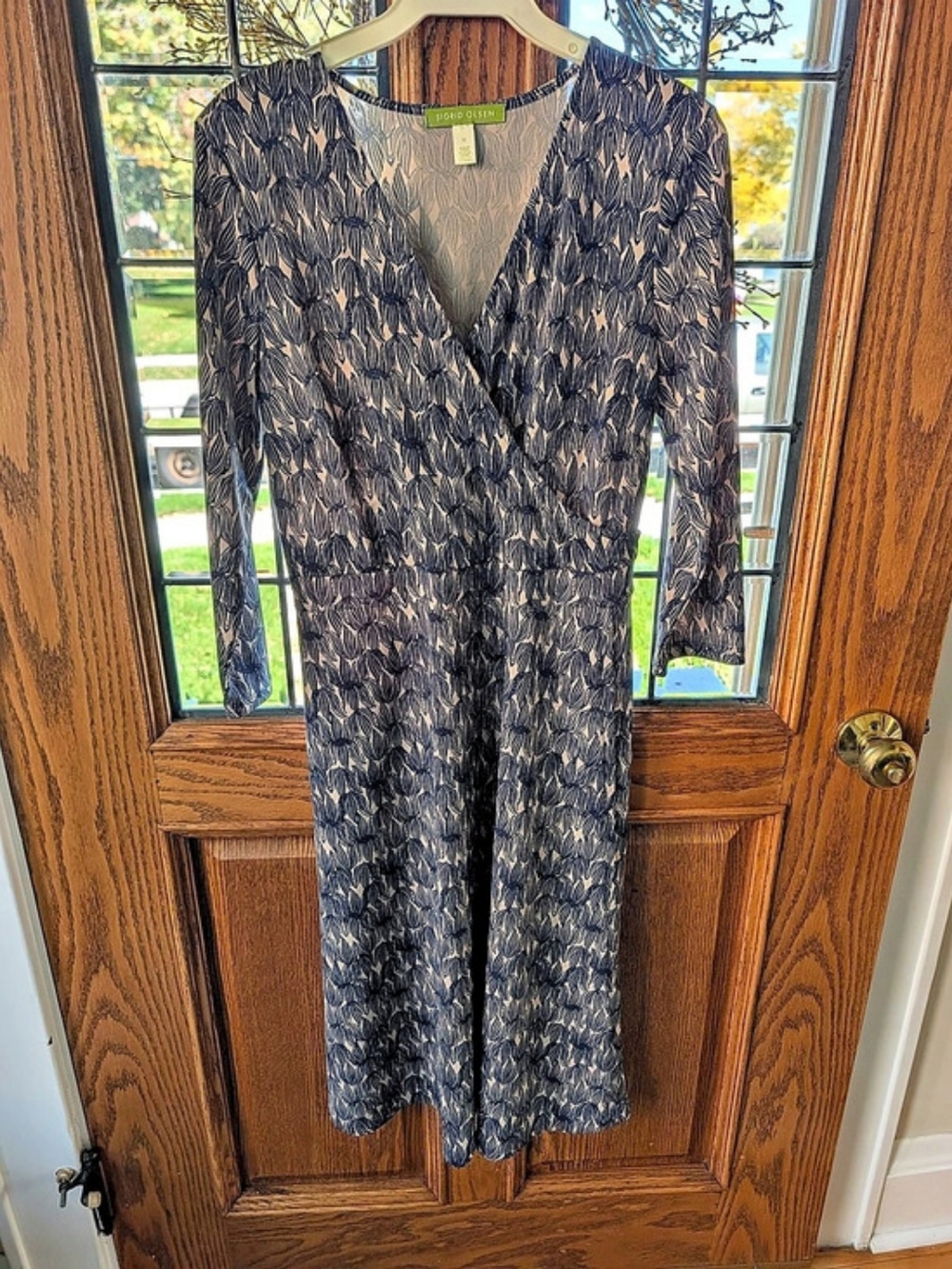Sigrid Olsen Abstract Print Midi Dress Womens M Faux Wrap Casual V Neck Stretch